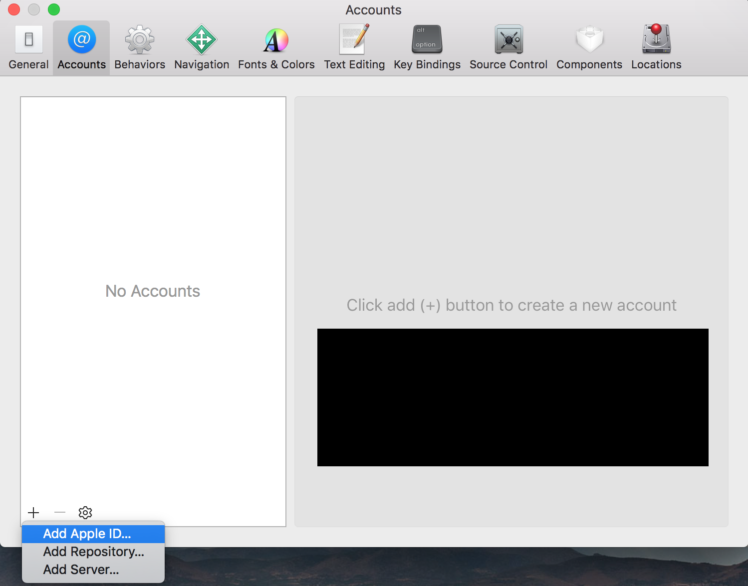 Xcode Add Account screen